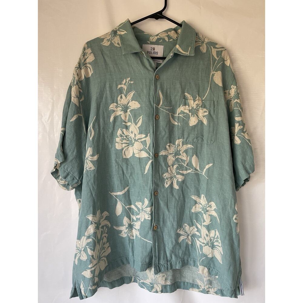 28 Palms Hawaiian Shirt Mens XL Blue Floral Silk Linen Short Sleeve